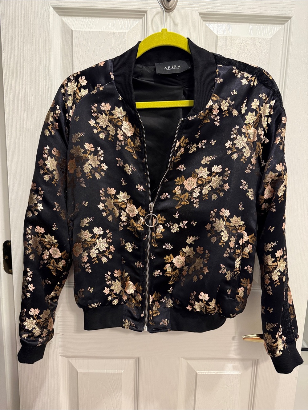 AKIRA Black Satin Floral Bomber Jacket with Metallic Accents